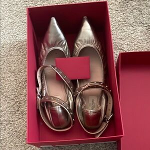 Valentino Metallic Gold Pointed-Toe Flats with Studded Ankle Straps read below 👇